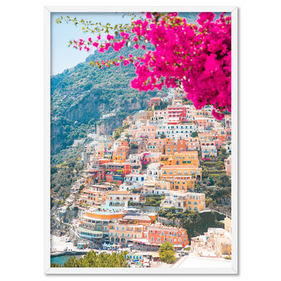 Positano Pretty Pink Cliffside - Art Print by Victoria's Stories, Poster, Stretched Canvas, or Framed Wall Art Print, shown in a white frame