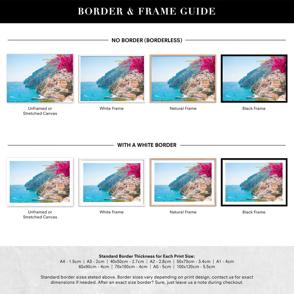 Pretty Pink Amalfi Coast View - Art Print by Victoria's Stories, Poster, Stretched Canvas or Framed Wall Art, Showing White , Black, Natural Frame Colours, No Frame (Unframed) or Stretched Canvas, and With or Without White Borders