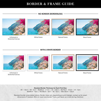 Pretty Pink Amalfi Coast View - Art Print by Victoria's Stories, Poster, Stretched Canvas or Framed Wall Art, Showing White , Black, Natural Frame Colours, No Frame (Unframed) or Stretched Canvas, and With or Without White Borders