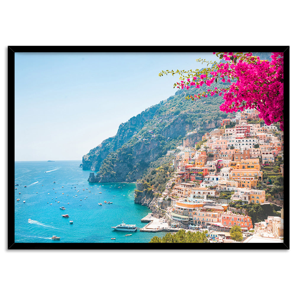 Pretty Pink Amalfi Coast View - Art Print by Victoria's Stories, Poster, Stretched Canvas, or Framed Wall Art Print, shown in a black frame