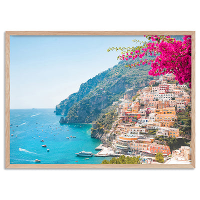 Pretty Pink Amalfi Coast View - Art Print by Victoria's Stories, Poster, Stretched Canvas, or Framed Wall Art Print, shown in a natural timber frame