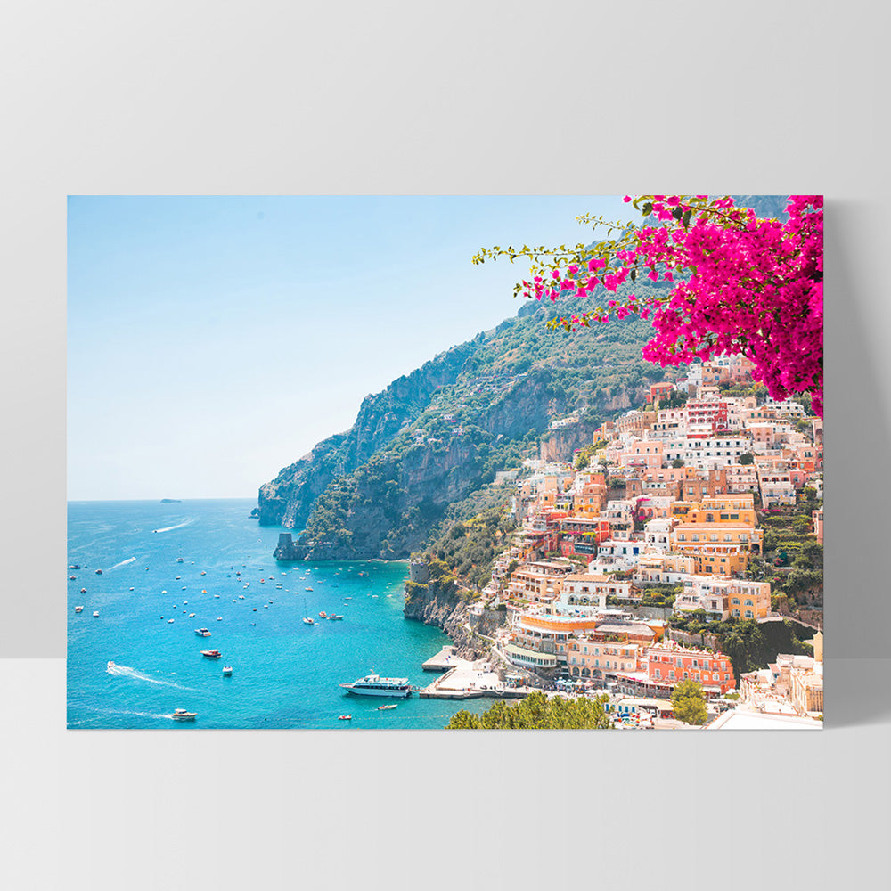 Pretty Pink Amalfi Coast View - Art Print by Victoria's Stories, Poster, Stretched Canvas, or Framed Wall Art Print, shown as a stretched canvas or poster without a frame