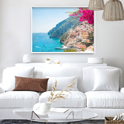 Pretty Pink Amalfi Coast View - Art Print by Victoria's Stories, Poster, Stretched Canvas or Framed Wall Art Prints, shown framed in a room