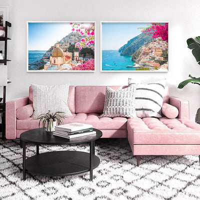 Pretty Pink Amalfi Coast View - Art Print by Victoria's Stories, Poster, Stretched Canvas or Framed Wall Art, shown framed in a home interior space
