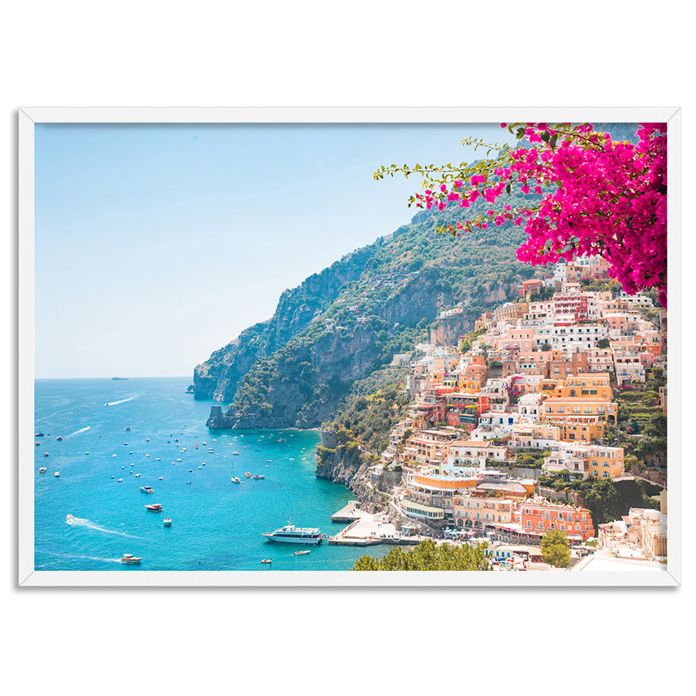Pretty Pink Amalfi Coast View - Art Print by Victoria's Stories, Poster, Stretched Canvas, or Framed Wall Art Print, shown in a white frame