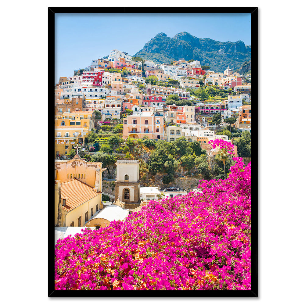 Positano Spring Blooms - Art Print by Victoria's Stories, Poster, Stretched Canvas, or Framed Wall Art Print, shown in a black frame