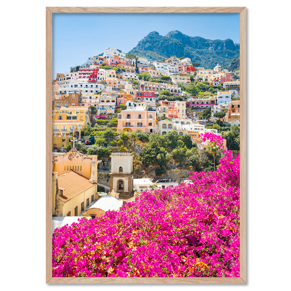 Positano Spring Blooms - Art Print by Victoria's Stories, Poster, Stretched Canvas, or Framed Wall Art Print, shown in a natural timber frame