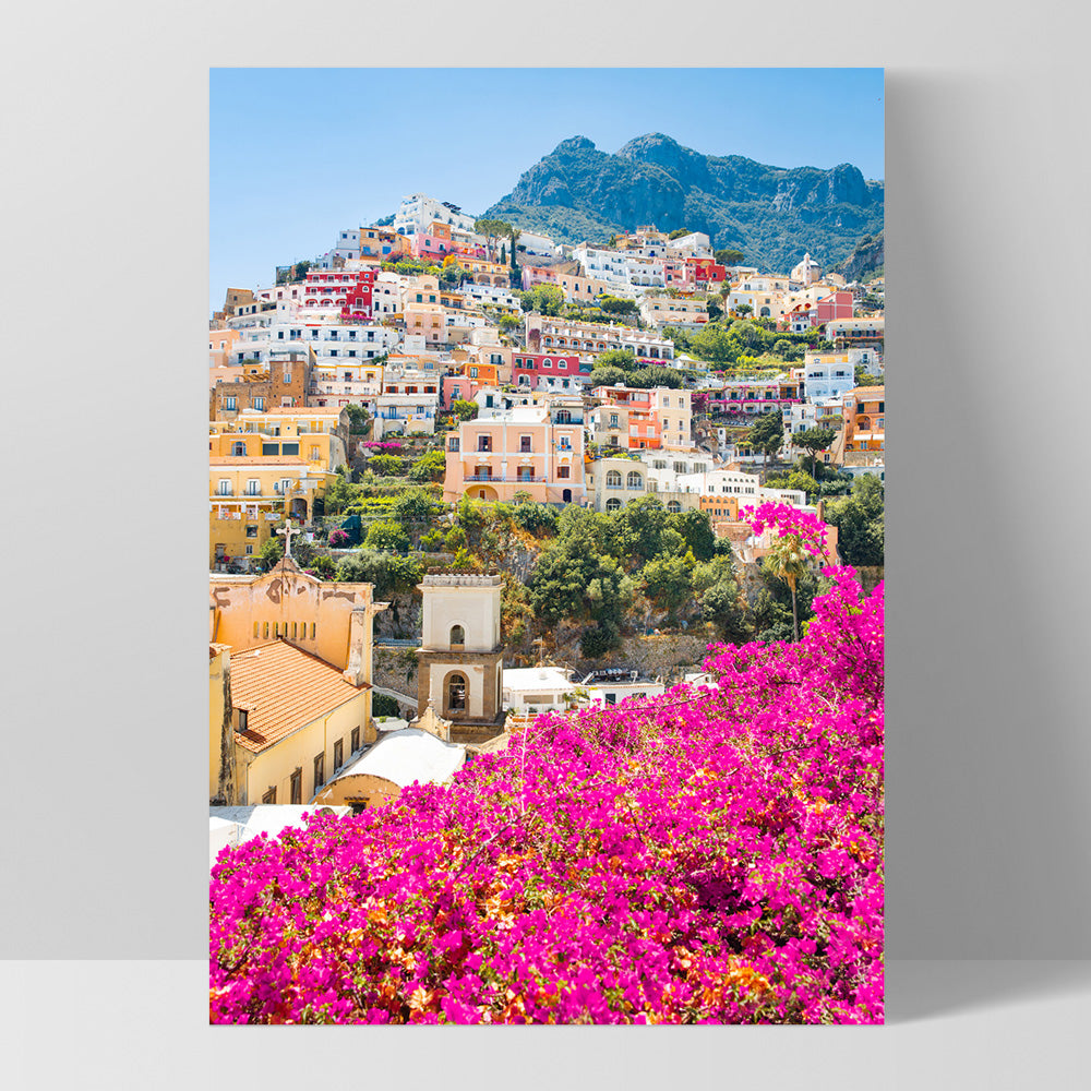 Positano Spring Blooms - Art Print by Victoria's Stories, Poster, Stretched Canvas, or Framed Wall Art Print, shown as a stretched canvas or poster without a frame