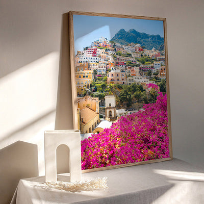 Positano Spring Blooms - Art Print by Victoria's Stories, Poster, Stretched Canvas or Framed Wall Art Prints, shown framed in a room