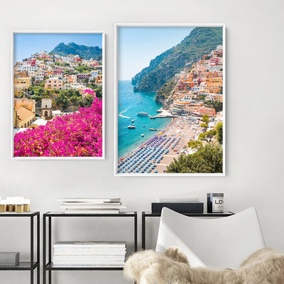 Positano Spring Blooms - Art Print by Victoria's Stories, Poster, Stretched Canvas or Framed Wall Art, shown framed in a home interior space