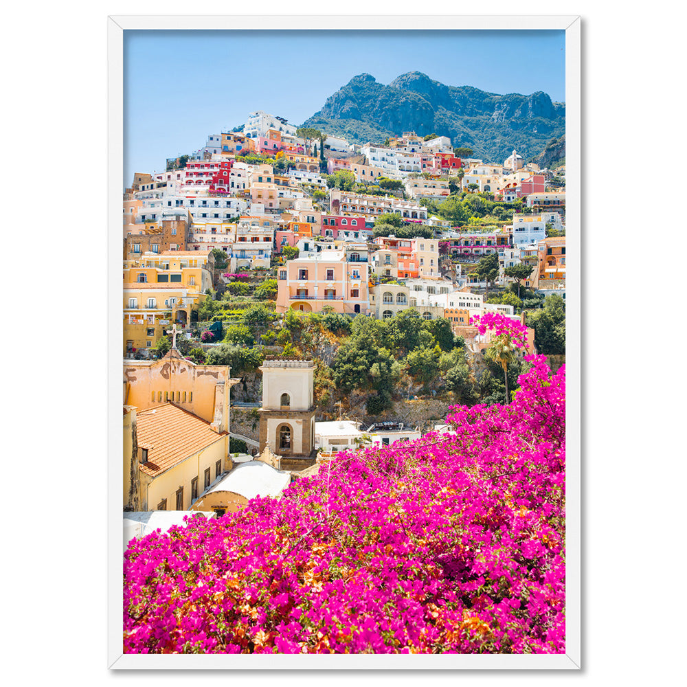 Positano Spring Blooms - Art Print by Victoria's Stories, Poster, Stretched Canvas, or Framed Wall Art Print, shown in a white frame