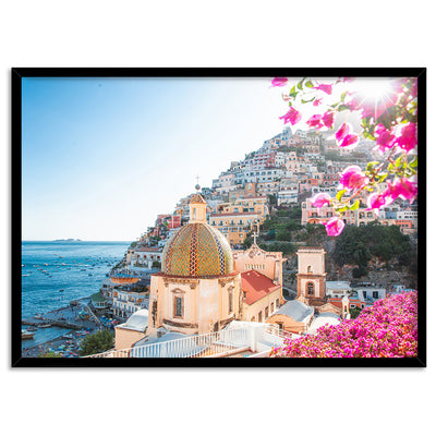 Positano Church in Blush - Art Print by Victoria's Stories, Poster, Stretched Canvas, or Framed Wall Art Print, shown in a black frame