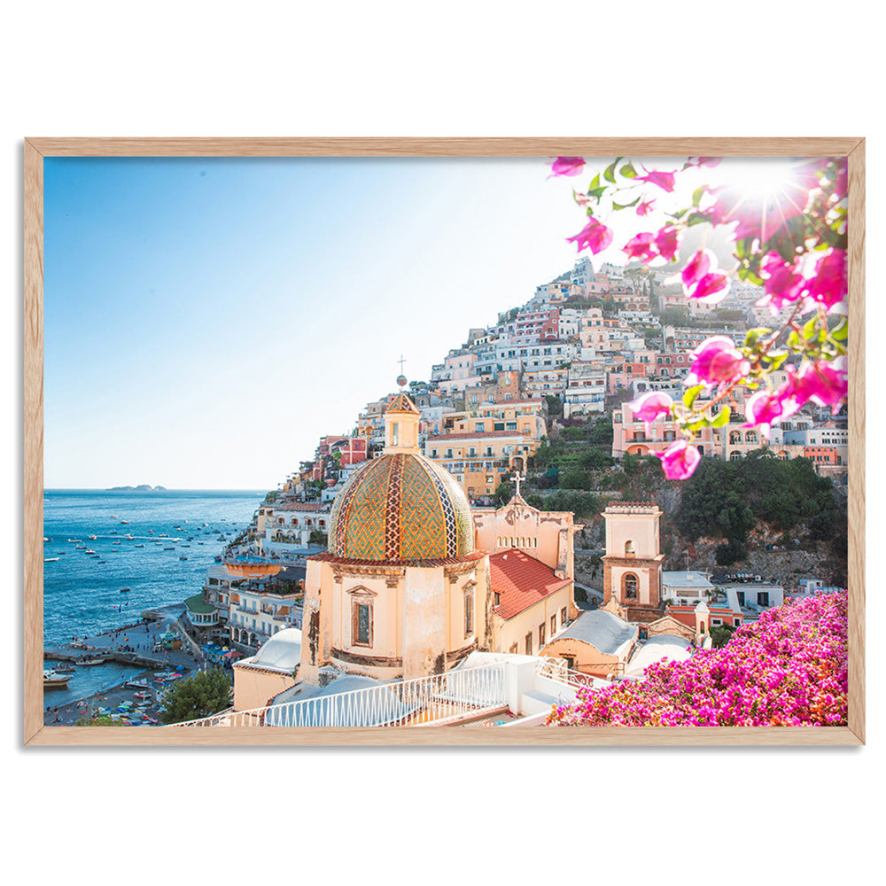 Positano Church in Blush - Art Print by Victoria's Stories, Poster, Stretched Canvas, or Framed Wall Art Print, shown in a natural timber frame
