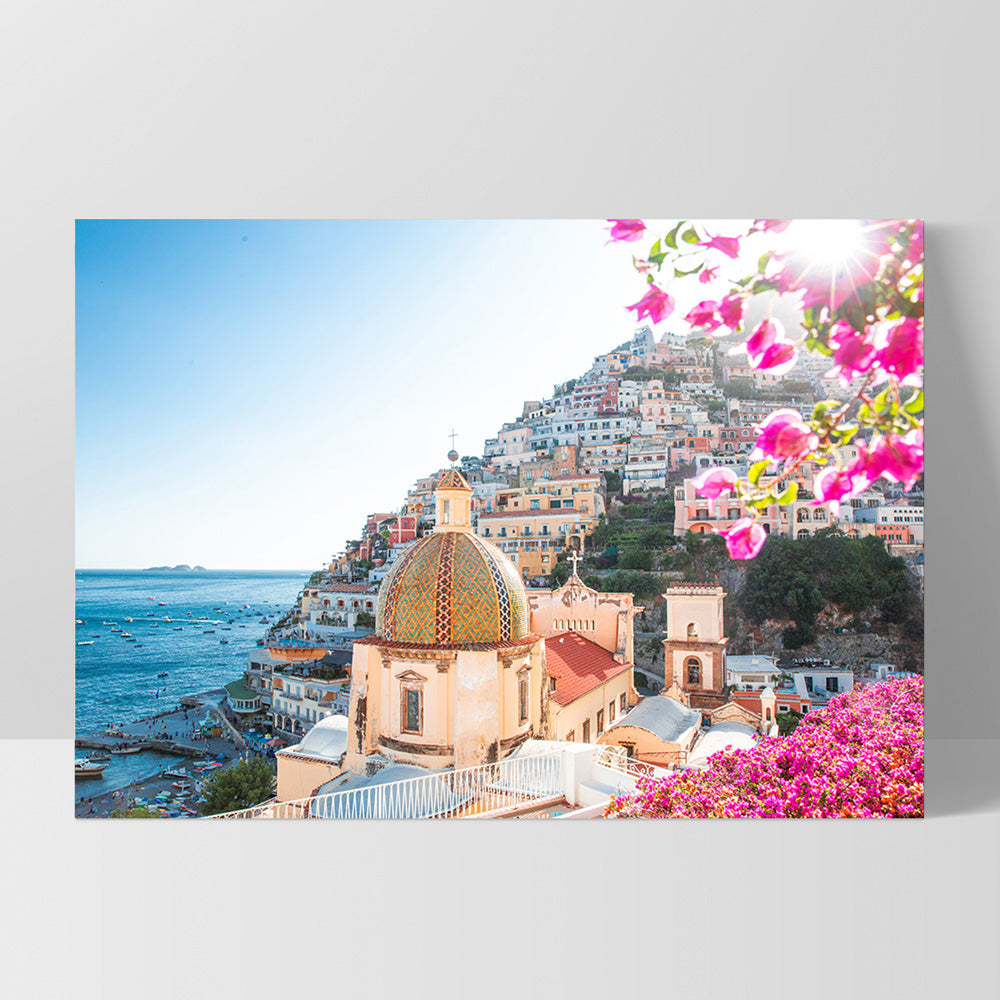 Positano Church in Blush - Art Print by Victoria's Stories, Poster, Stretched Canvas, or Framed Wall Art Print, shown as a stretched canvas or poster without a frame