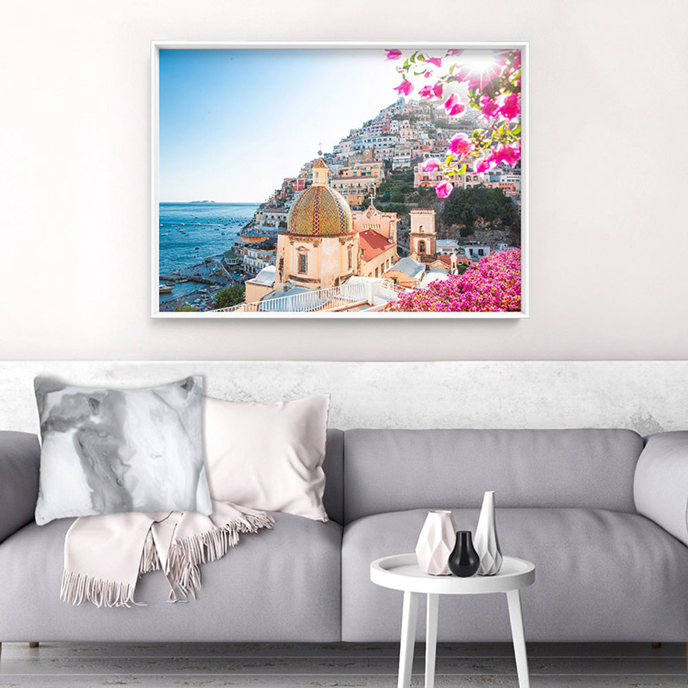 Positano Church in Blush - Art Print by Victoria's Stories, Poster, Stretched Canvas or Framed Wall Art Prints, shown framed in a room