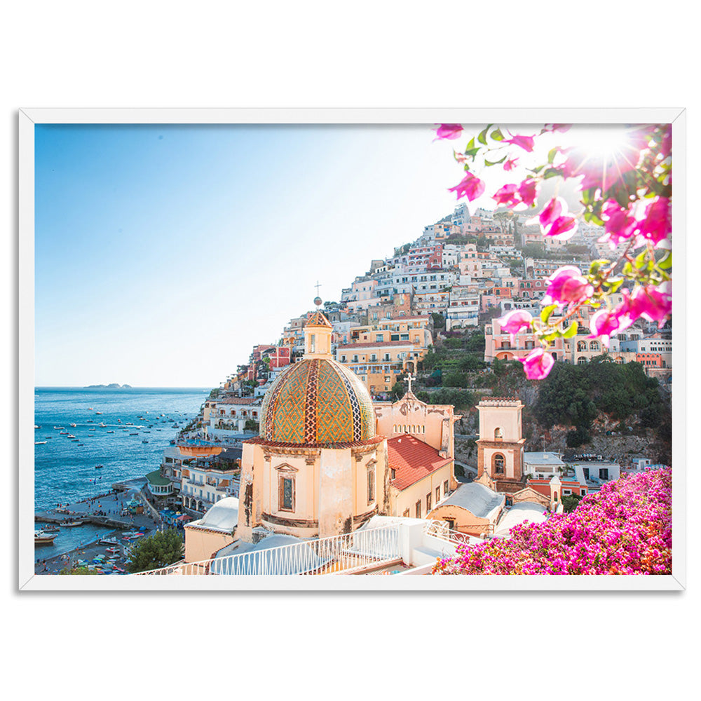 Positano Church in Blush - Art Print by Victoria's Stories, Poster, Stretched Canvas, or Framed Wall Art Print, shown in a white frame