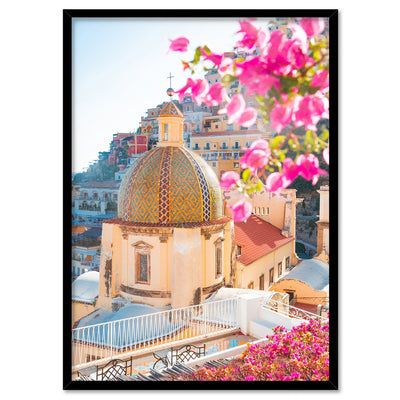 Positano Church in Blush II - Art Print by Victoria's Stories, Poster, Stretched Canvas, or Framed Wall Art Print, shown in a black frame