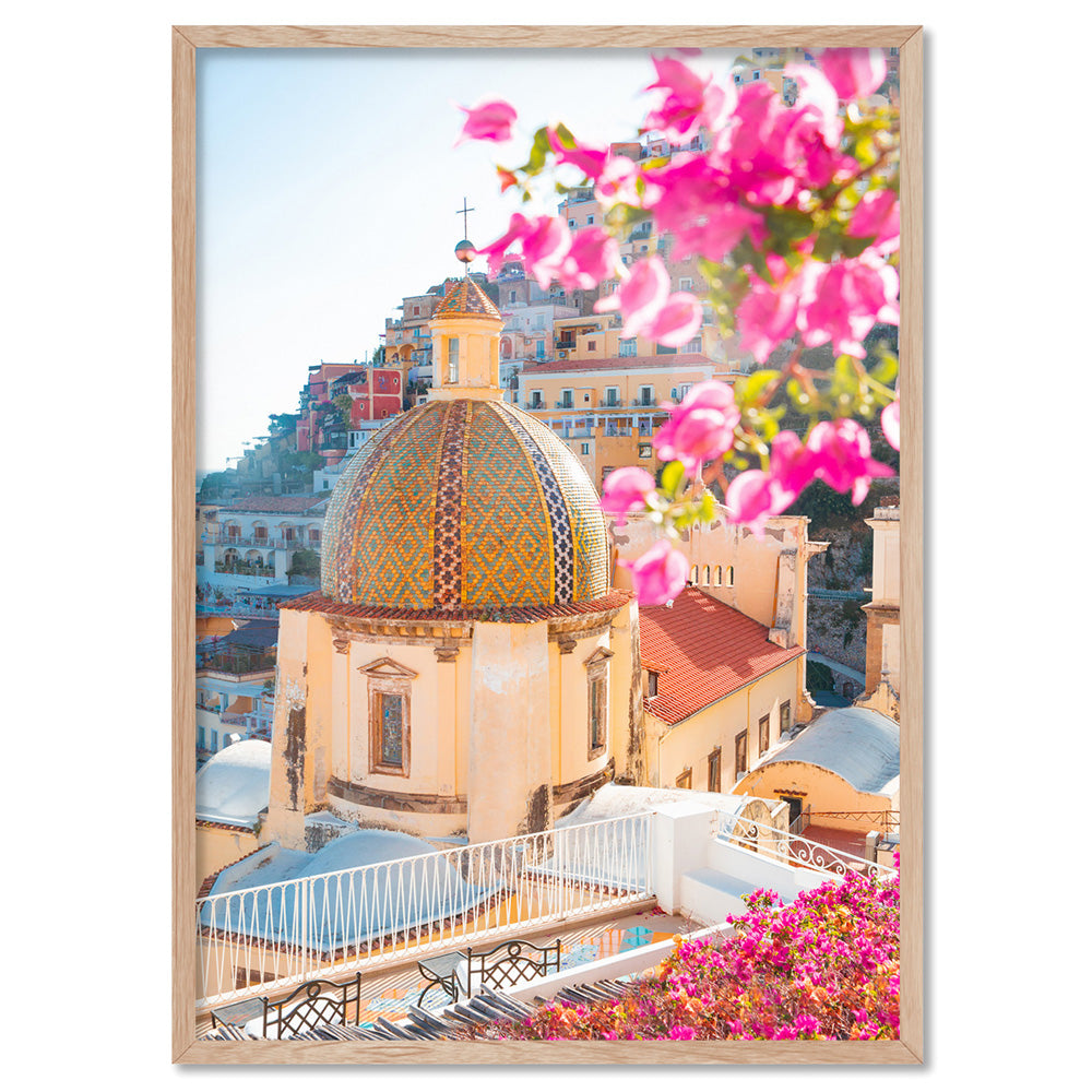 Positano Church in Blush II - Art Print by Victoria's Stories, Poster, Stretched Canvas, or Framed Wall Art Print, shown in a natural timber frame