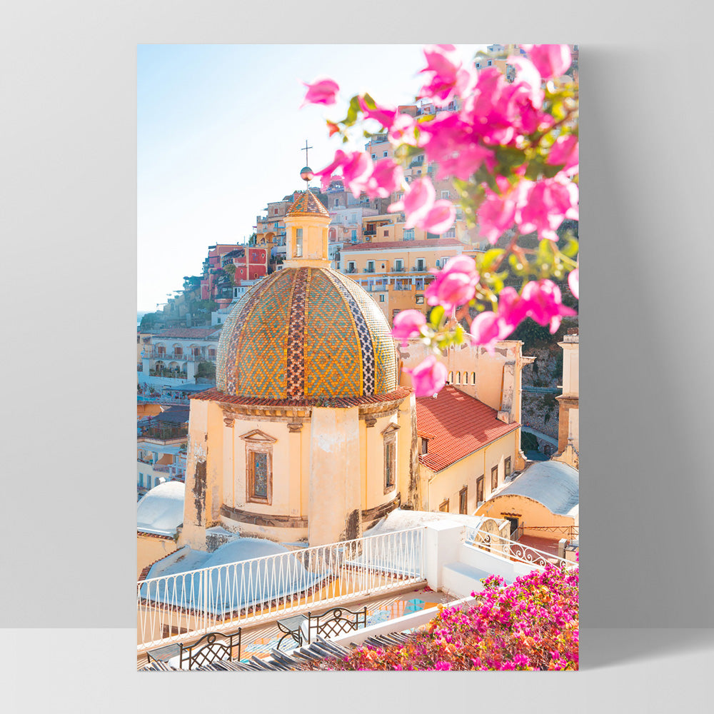 Positano Church in Blush II - Art Print by Victoria's Stories, Poster, Stretched Canvas, or Framed Wall Art Print, shown as a stretched canvas or poster without a frame