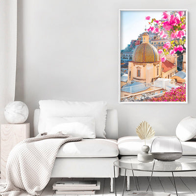 Positano Church in Blush II - Art Print by Victoria's Stories, Poster, Stretched Canvas or Framed Wall Art Prints, shown framed in a room