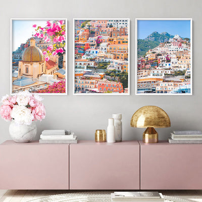 Positano Church in Blush II - Art Print by Victoria's Stories, Poster, Stretched Canvas or Framed Wall Art, shown framed in a home interior space