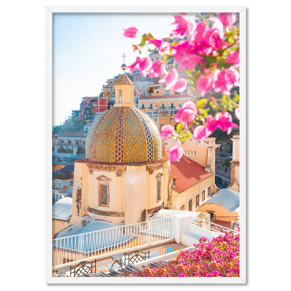 Positano Church in Blush II - Art Print by Victoria's Stories, Poster, Stretched Canvas, or Framed Wall Art Print, shown in a white frame
