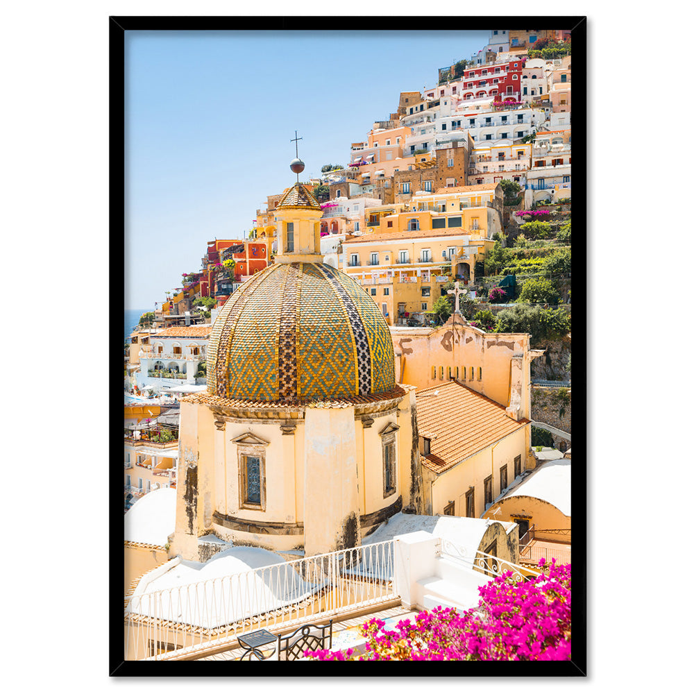 Positano Church in Blush III - Art Print by Victoria's Stories, Poster, Stretched Canvas, or Framed Wall Art Print, shown in a black frame