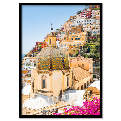 Positano Church in Blush III - Art Print by Victoria's Stories, Poster, Stretched Canvas, or Framed Wall Art Print, shown in a black frame