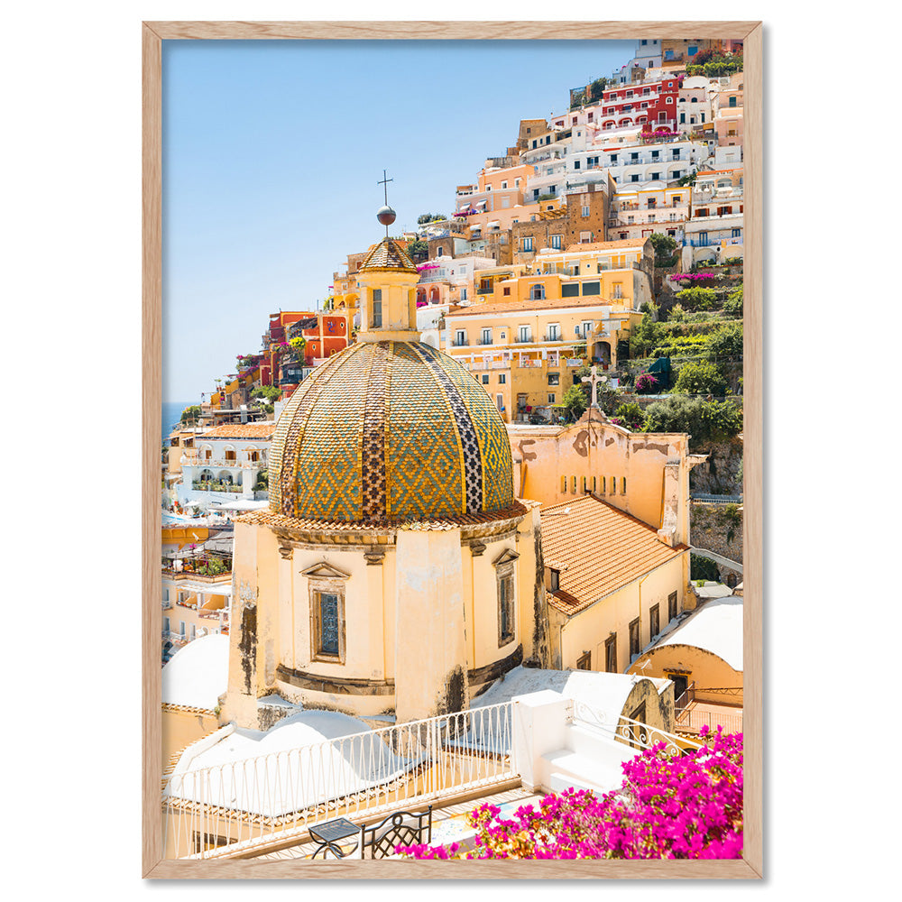 Positano Church in Blush III - Art Print by Victoria's Stories, Poster, Stretched Canvas, or Framed Wall Art Print, shown in a natural timber frame