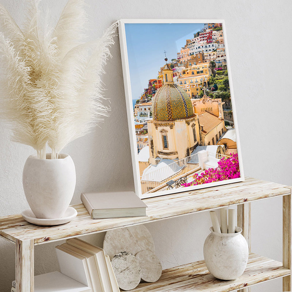 Positano Church in Blush III - Art Print by Victoria's Stories, Poster, Stretched Canvas or Framed Wall Art Prints, shown framed in a room