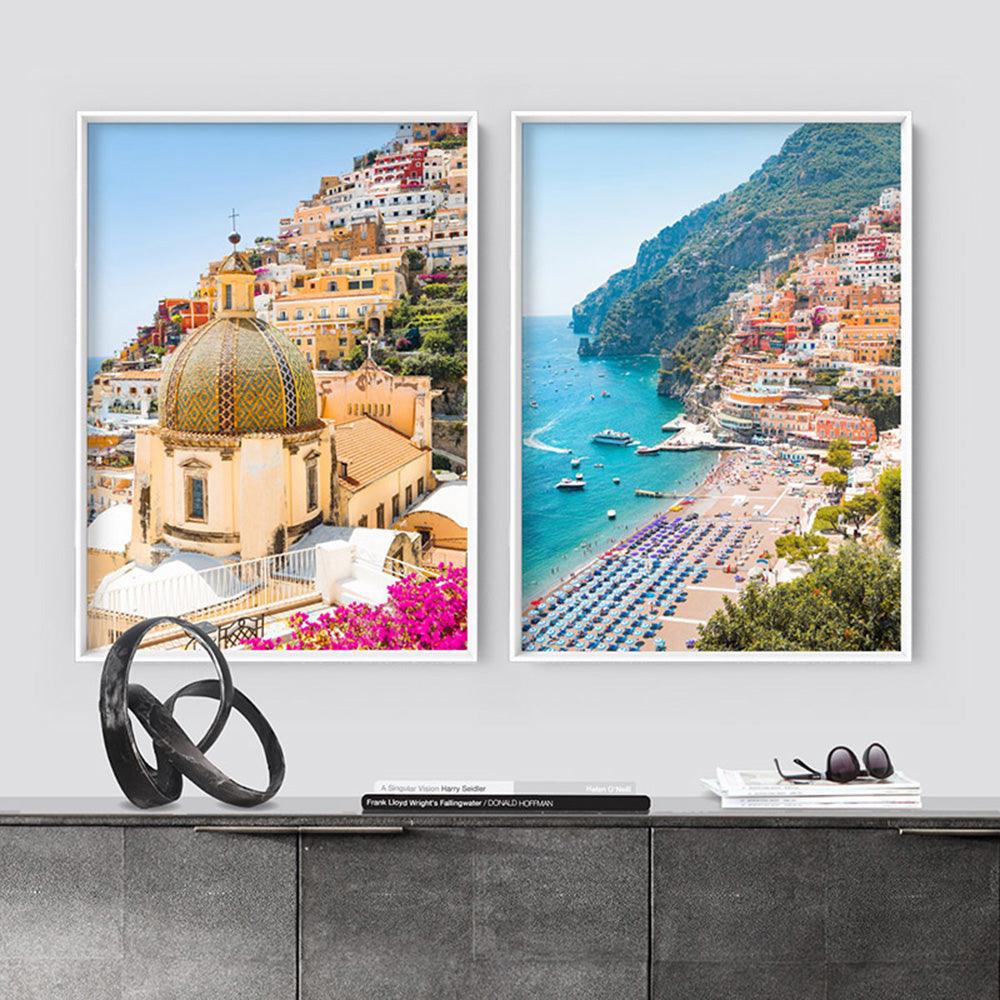 Positano Church in Blush III - Art Print by Victoria's Stories, Poster, Stretched Canvas or Framed Wall Art, shown framed in a home interior space