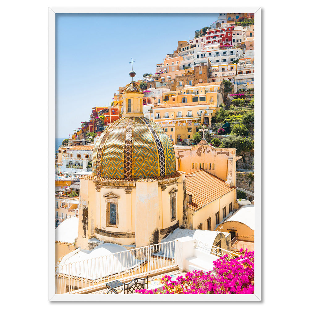 Positano Church in Blush III - Art Print by Victoria's Stories, Poster, Stretched Canvas, or Framed Wall Art Print, shown in a white frame