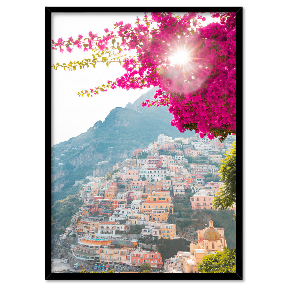Positano Sunset Sparkle - Art Print by Victoria's Stories, Poster, Stretched Canvas, or Framed Wall Art Print, shown in a black frame