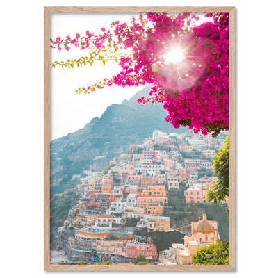 Positano Sunset Sparkle - Art Print by Victoria's Stories, Poster, Stretched Canvas, or Framed Wall Art Print, shown in a natural timber frame