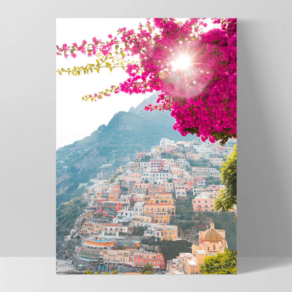 Positano Sunset Sparkle - Art Print by Victoria's Stories, Poster, Stretched Canvas, or Framed Wall Art Print, shown as a stretched canvas or poster without a frame