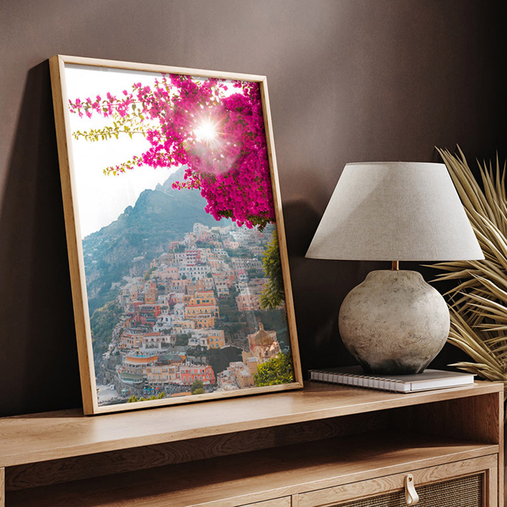 Positano Sunset Sparkle - Art Print by Victoria's Stories, Poster, Stretched Canvas or Framed Wall Art Prints, shown framed in a room