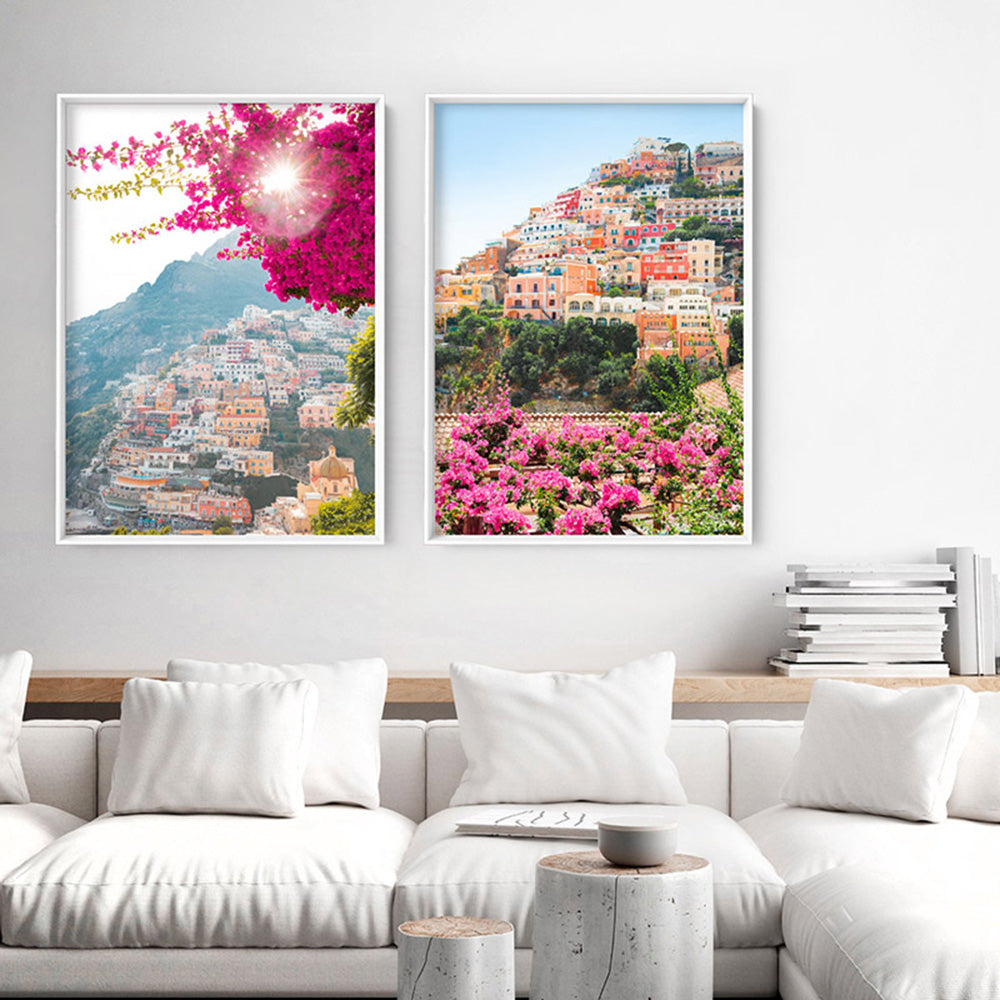 Positano Sunset Sparkle - Art Print by Victoria's Stories, Poster, Stretched Canvas or Framed Wall Art, shown framed in a home interior space