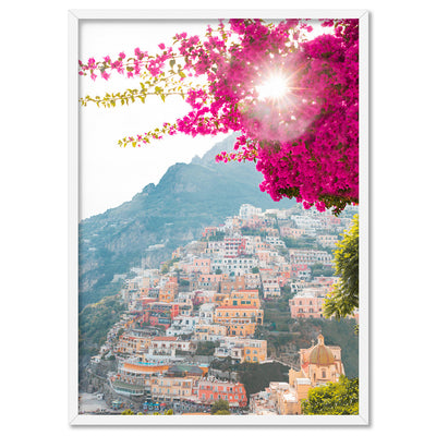 Positano Sunset Sparkle - Art Print by Victoria's Stories, Poster, Stretched Canvas, or Framed Wall Art Print, shown in a white frame