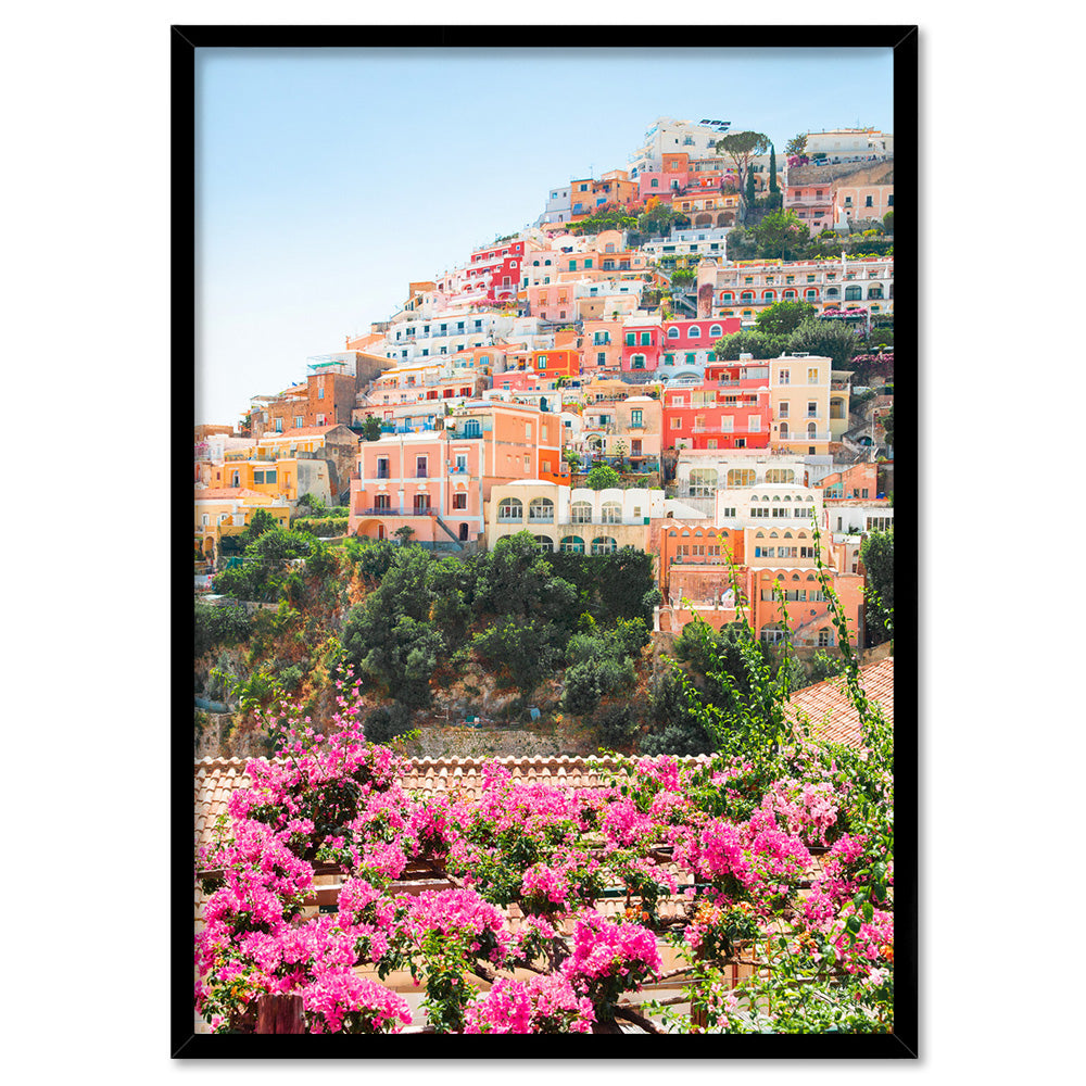 Pretty Positano Village - Art Print by Victoria's Stories, Poster, Stretched Canvas, or Framed Wall Art Print, shown in a black frame