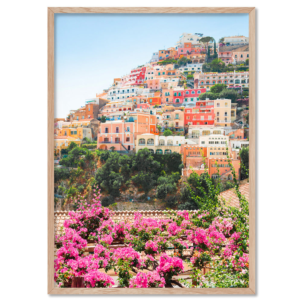Pretty Positano Village - Art Print by Victoria's Stories, Poster, Stretched Canvas, or Framed Wall Art Print, shown in a natural timber frame