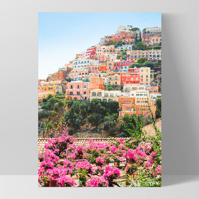 Pretty Positano Village - Art Print by Victoria's Stories, Poster, Stretched Canvas, or Framed Wall Art Print, shown as a stretched canvas or poster without a frame