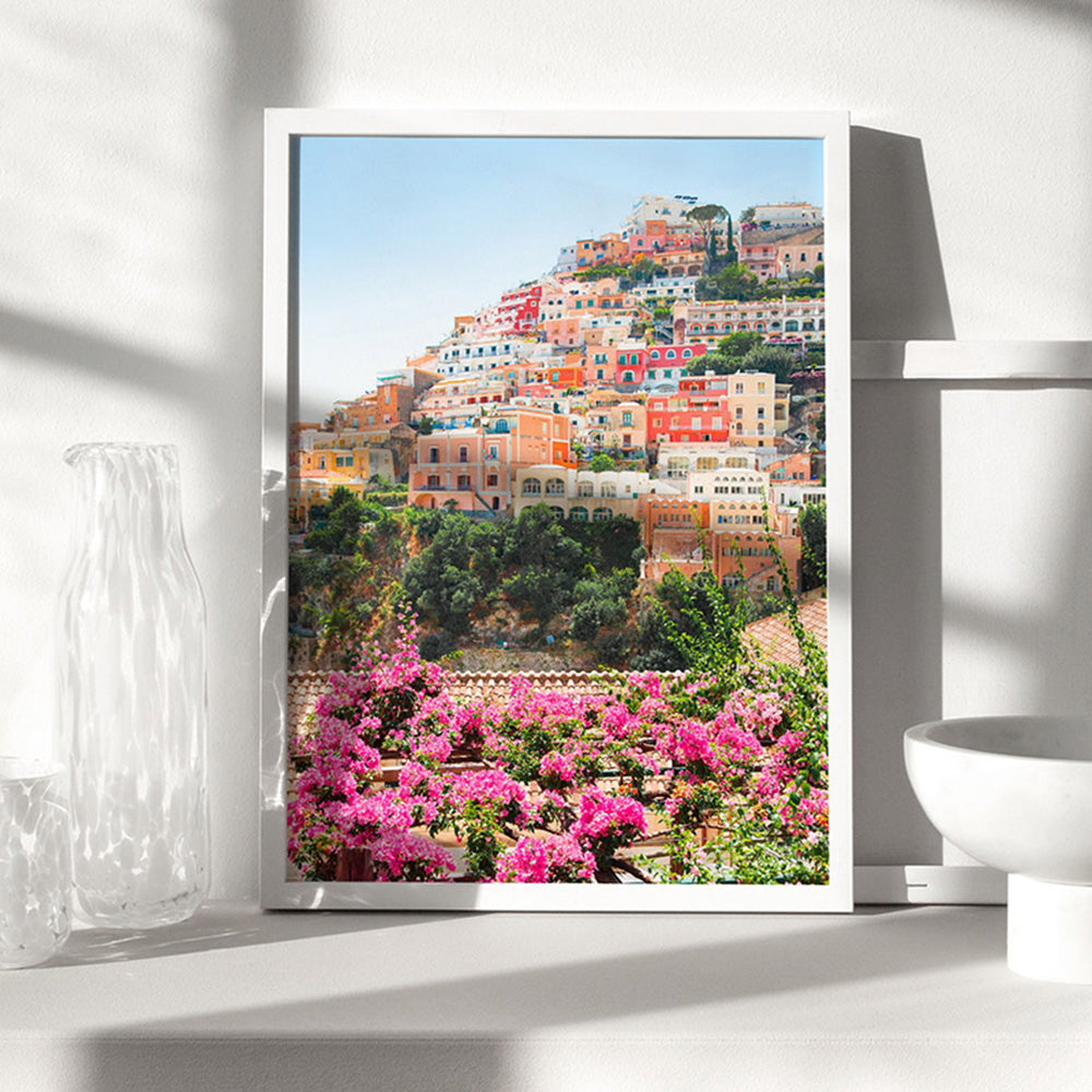 Pretty Positano Village - Art Print by Victoria's Stories, Poster, Stretched Canvas or Framed Wall Art Prints, shown framed in a room