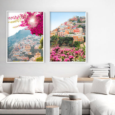 Pretty Positano Village - Art Print by Victoria's Stories, Poster, Stretched Canvas or Framed Wall Art, shown framed in a home interior space