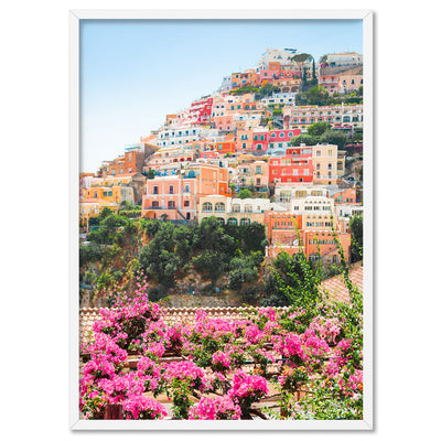 Pretty Positano Village - Art Print by Victoria's Stories, Poster, Stretched Canvas, or Framed Wall Art Print, shown in a white frame