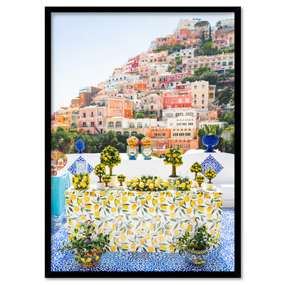 Positano Lemons Amalfi Coast - Art Print by Victoria's Stories, Poster, Stretched Canvas, or Framed Wall Art Print, shown in a black frame
