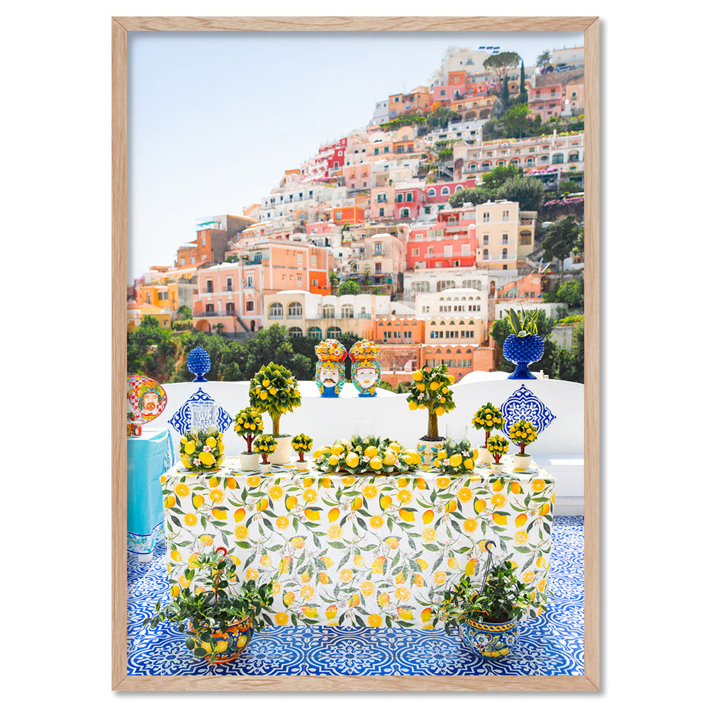 Positano Lemons Amalfi Coast - Art Print by Victoria's Stories, Poster, Stretched Canvas, or Framed Wall Art Print, shown in a natural timber frame