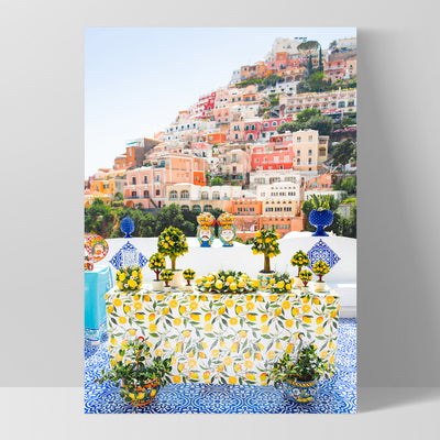 Positano Lemons Amalfi Coast - Art Print by Victoria's Stories, Poster, Stretched Canvas, or Framed Wall Art Print, shown as a stretched canvas or poster without a frame