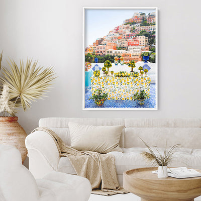 Positano Lemons Amalfi Coast - Art Print by Victoria's Stories, Poster, Stretched Canvas or Framed Wall Art Prints, shown framed in a room