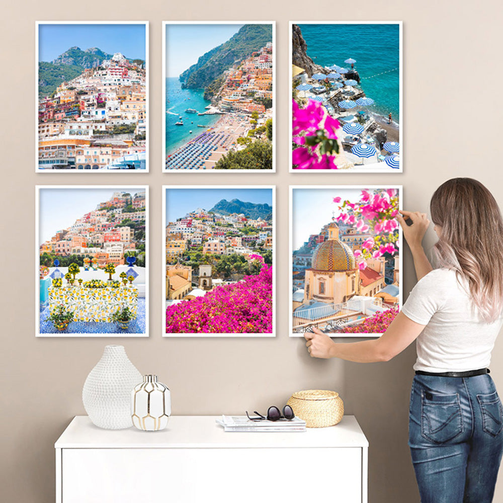 Positano Lemons Amalfi Coast - Art Print by Victoria's Stories, Poster, Stretched Canvas or Framed Wall Art, shown framed in a home interior space