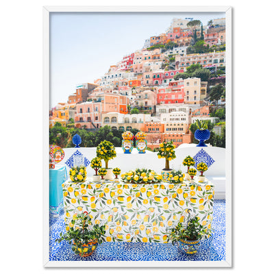 Positano Lemons Amalfi Coast - Art Print by Victoria's Stories, Poster, Stretched Canvas, or Framed Wall Art Print, shown in a white frame
